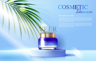 化妝品或護膚品的瓶身廣告,美容產(chǎn)品的橫幅廣告和葉背景閃爍的燈光效果。矢量設計模版素材
