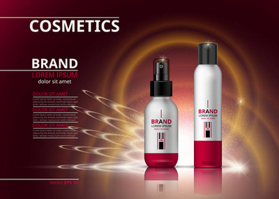 美容抗衰老霜廣告?；瘖y品包裝設計。3d 矢量美圖。保濕面膜霜玻璃瓶上閃閃發光的液體背景與水泡沫。產品包模擬